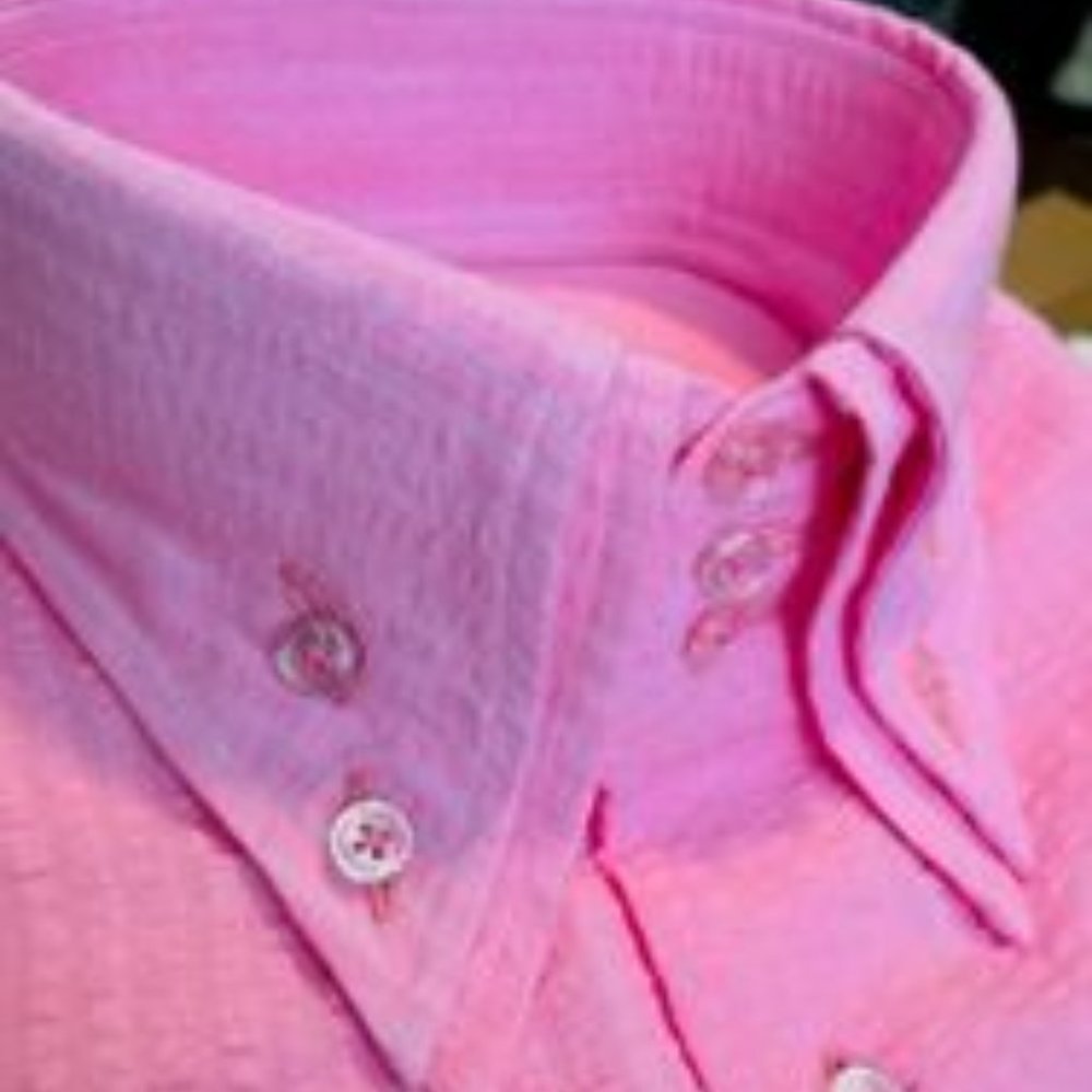MorCouture Pink SeerSucker Short Sleeve high collar shirt